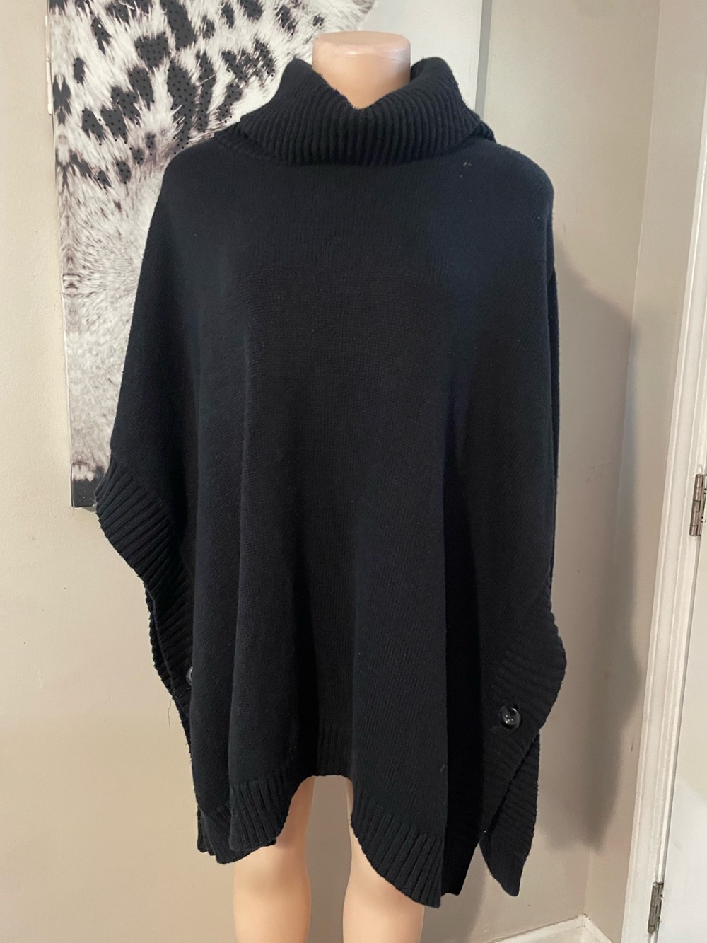 Old Navy Black Turtleneck Poncho Sweater - Women's Cozy Rib Knit side button XL